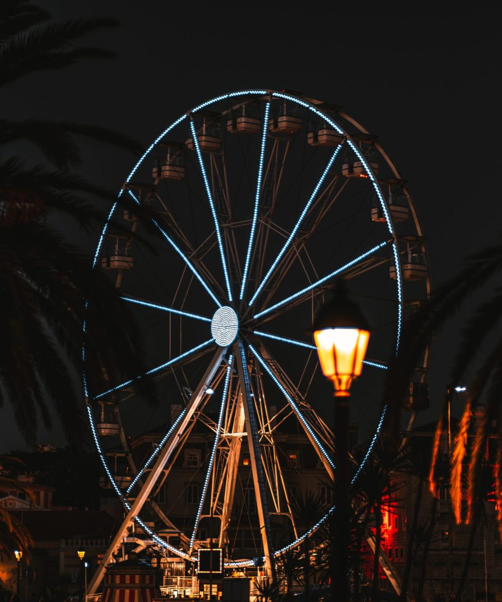 Night shot with a beautifully illuminated Ferris wheel framed with dark silhouettes of palms and a single street lantern in the foreground, Cascais, Portugal